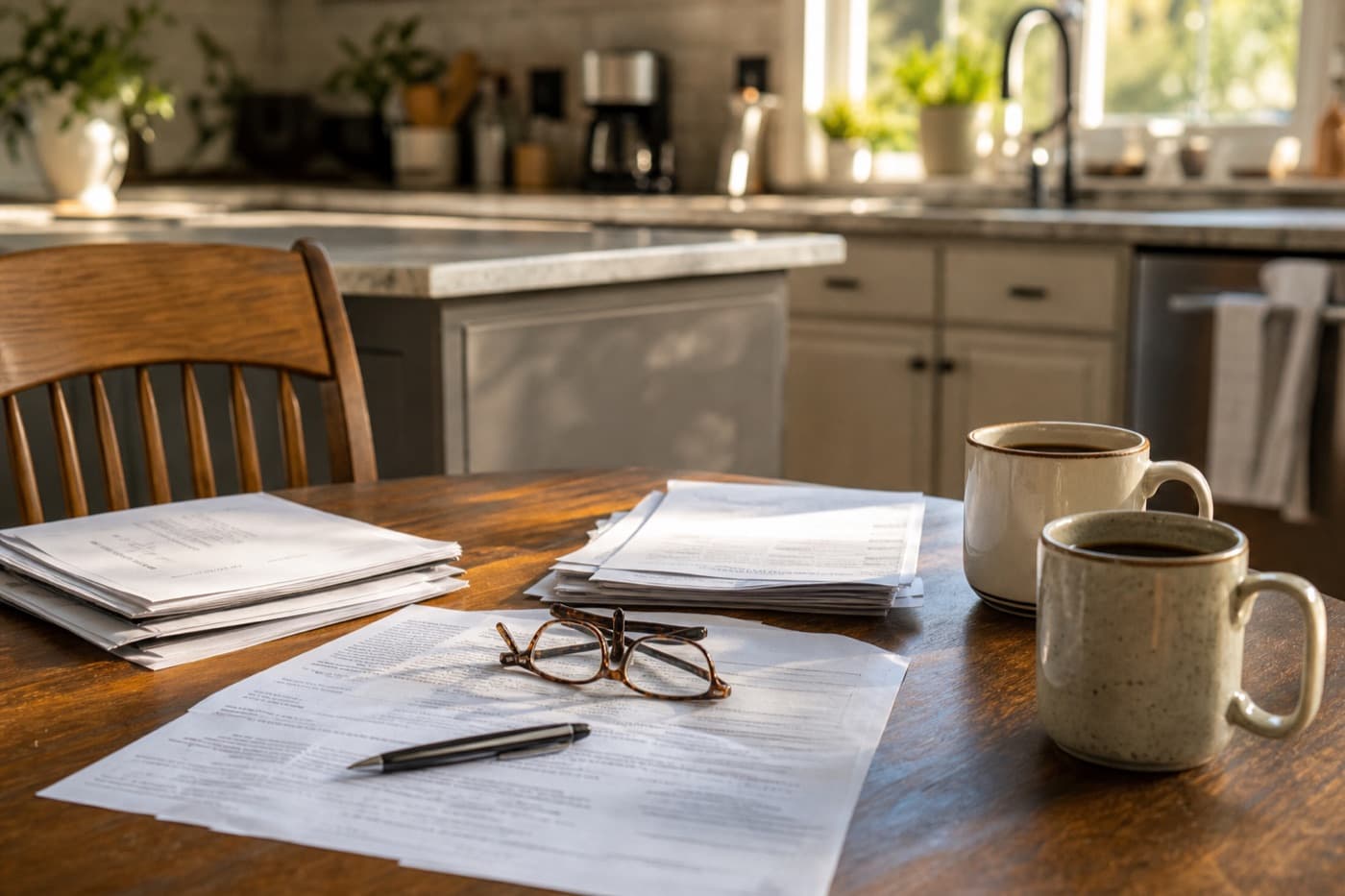 Paperwork and coffee on a kitchen table