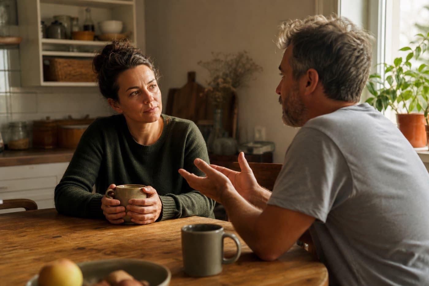 Two people in conversation over coffee at a kitchen table