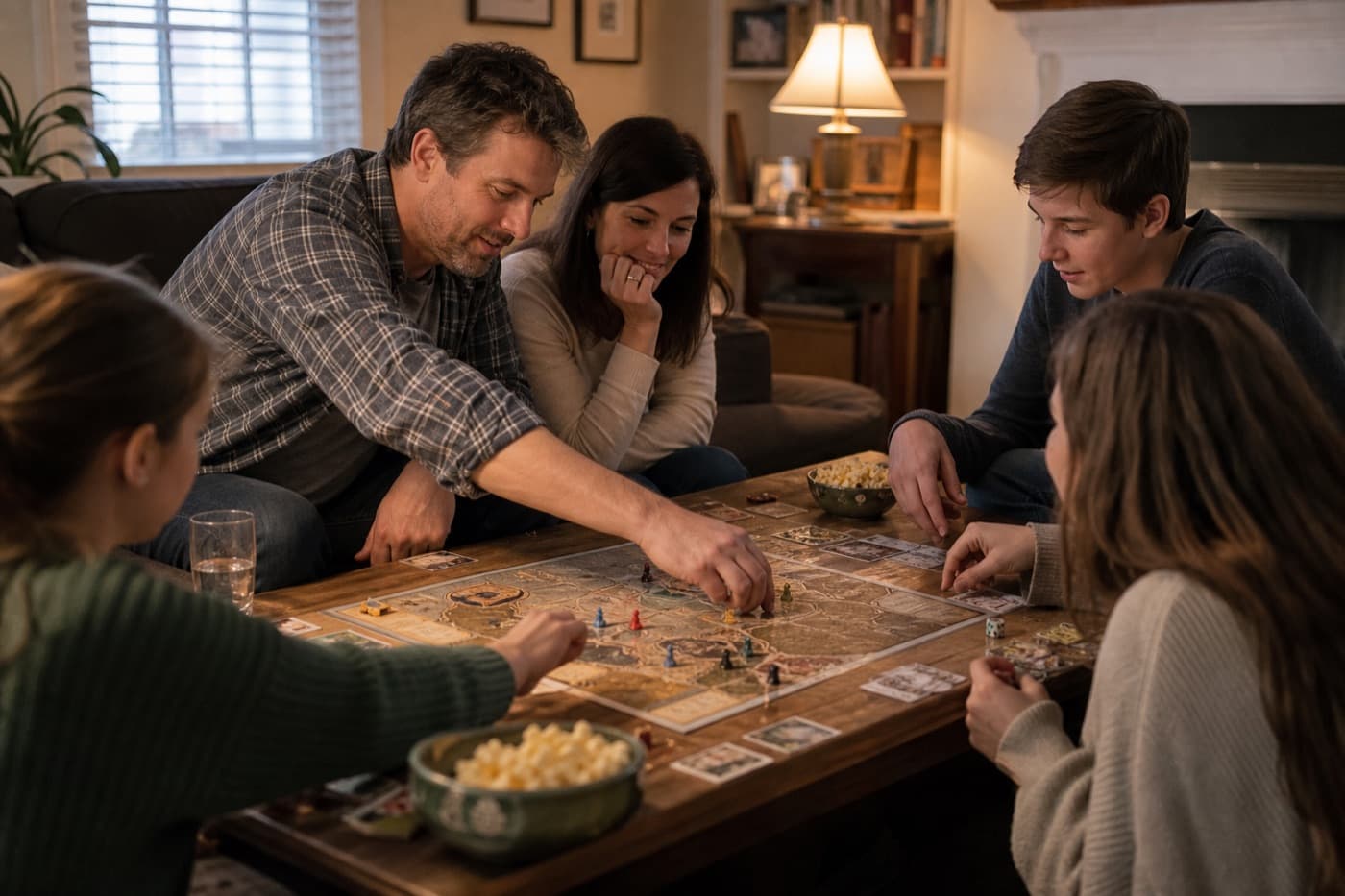 A board game mid-play on a coffee table, hands reaching in