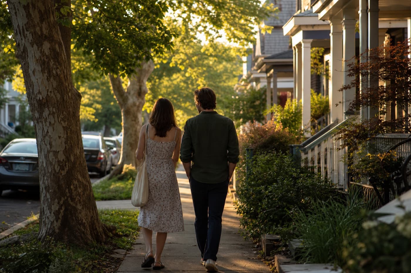 Two people walking down a residential sidewalk in evening light